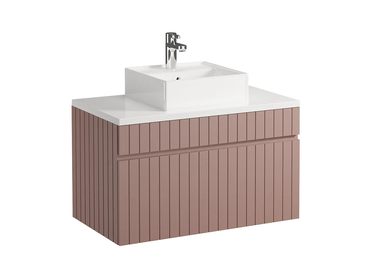 Meuble de salle de bain suspendu strié rose avec vasque à poser - 80 cm  - SATARA