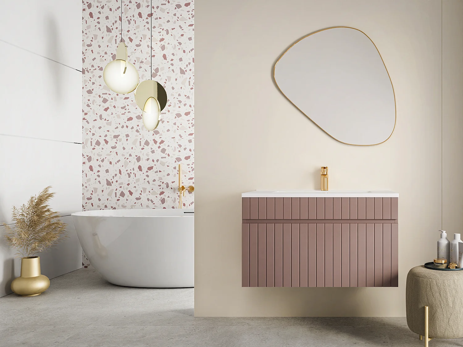 Meuble de salle de bain suspendu strié rose avec vasque à encastrer - 80 cm  - SATARA