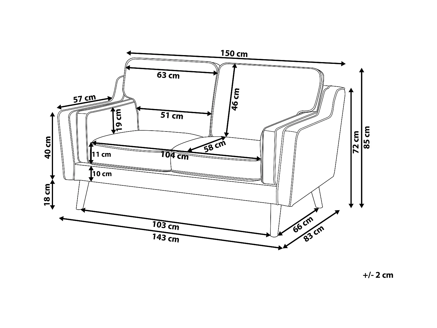 2-Sitzer Sofa Stoffbezug weiß mit hohen Holzbeinen dicken Sitzkissen Lokka