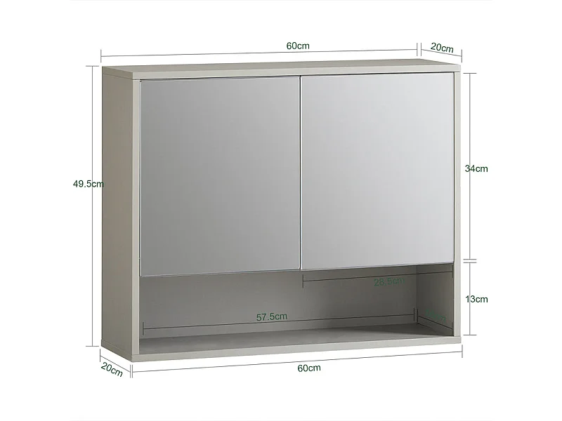SoBuy Armoire Murale de Salle de Bain avec Miroir, Meuble de Toilette Suspendue Placard de Rangement, 60 x 20 x 49,5 cm, Gris, BZR134-NG