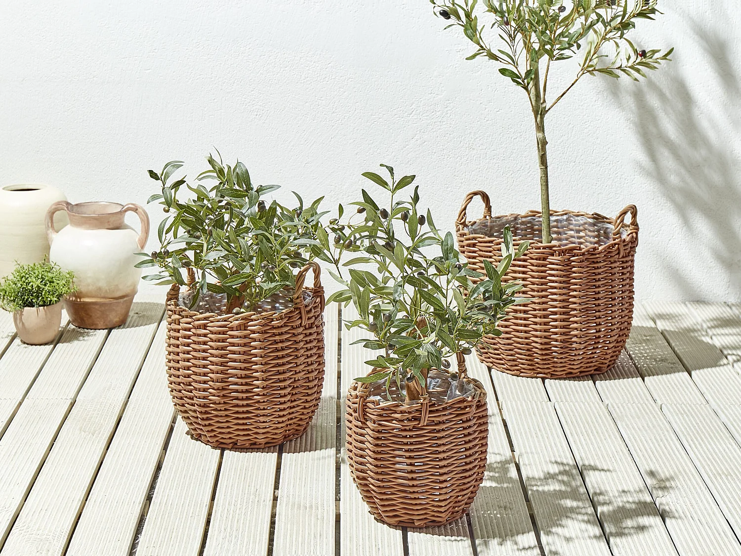 Set van 3 bloempotten AUCUBA PE rotan 26/34/44 cm Lichtbruin