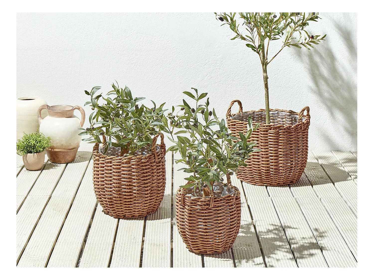 Set van 3 bloempotten AUCUBA PE rotan 26/34/44 cm Lichtbruin