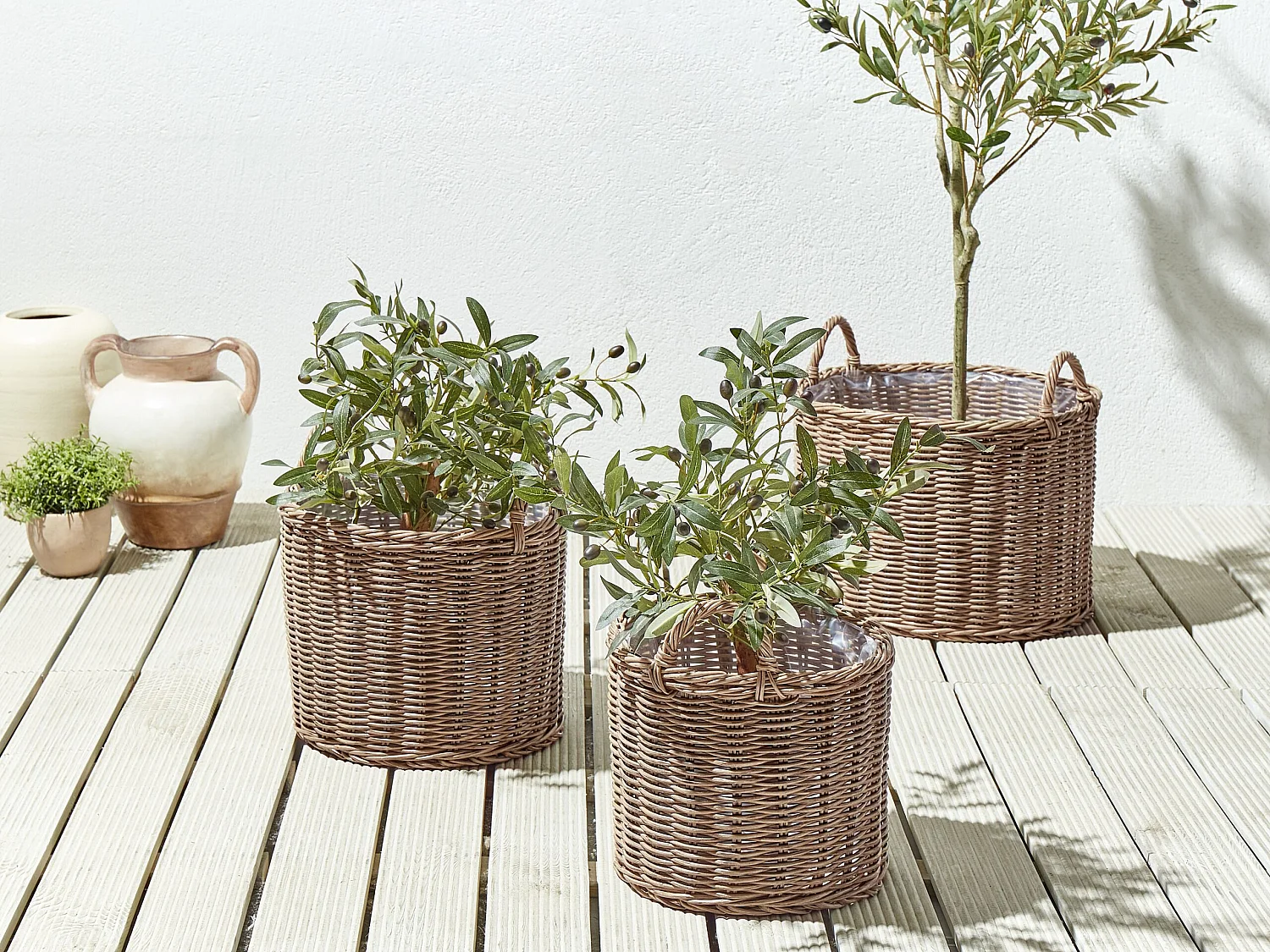 Blumenkorb Rattan braun 3er Set rund geflochten mit Folie Griffen Boho Pendula