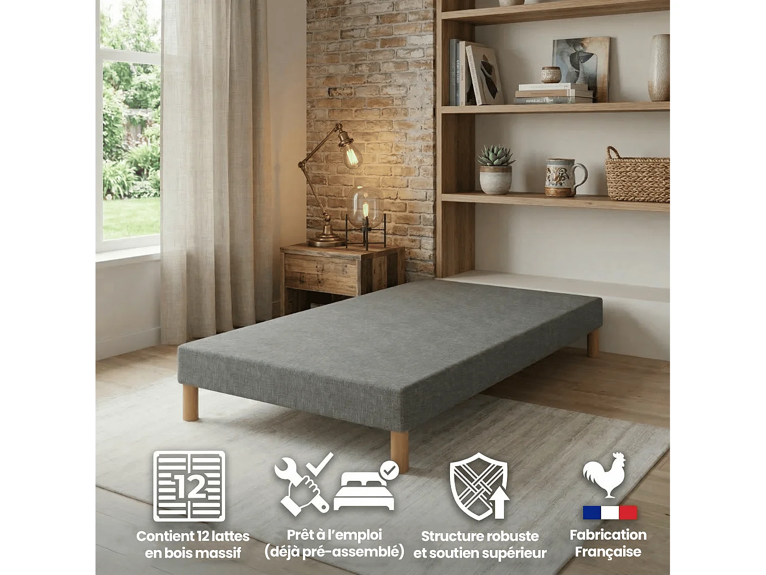 Sommier Tapissier First Gris 70x190 cm Hauteur 30 cm 12 Lattes Fixes Pin Massif 4 Pieds Offerts Fabrication Française