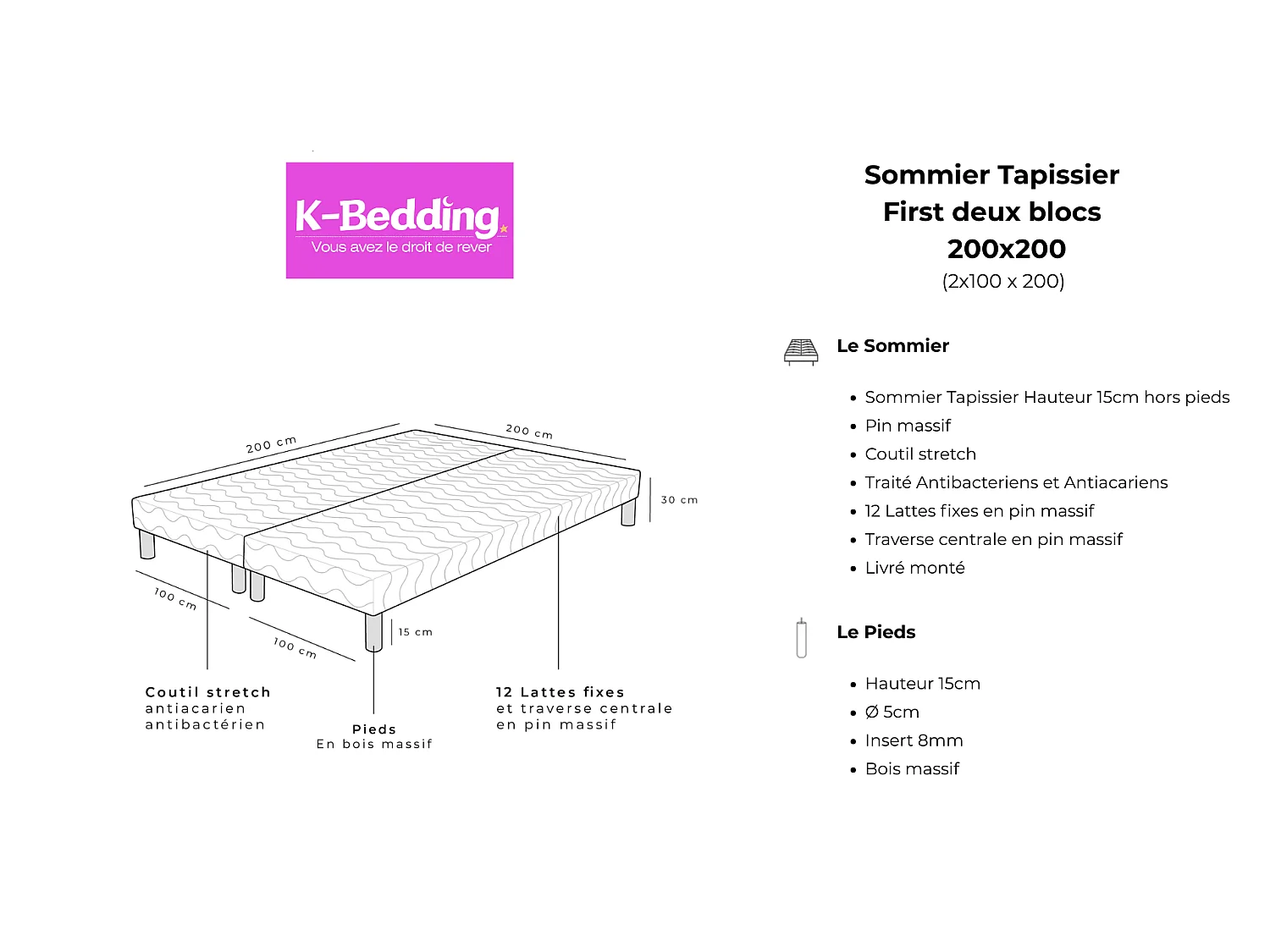 Sommier Tapissier First Gris 200x200 (2x100x200) Hauteur 30 cm 24 Lattes Fixes Pin Massif 8 Pieds Offerts Fabrication Française