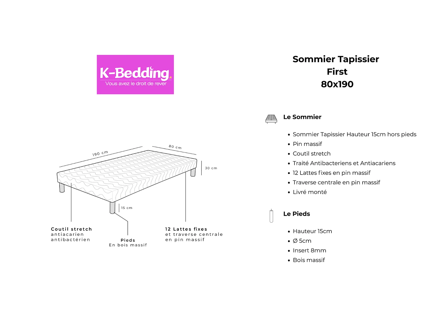 Sommier Tapissier First Gris 80x190 cm Hauteur 30 cm 12 Lattes Fixes Pin Massif 4 Pieds Offerts Fabrication Française