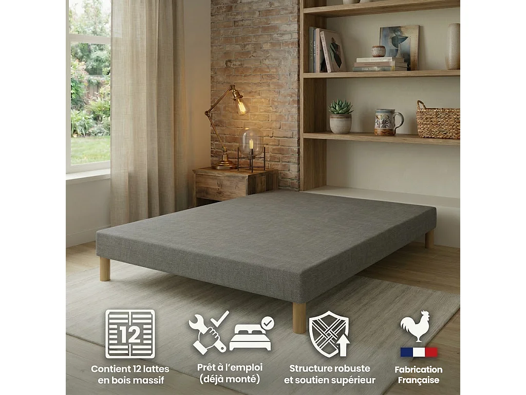 Sommier Tapissier First Gris 140x200 cm Hauteur 30 cm 12 Lattes Fixes Pin Massif 4 Pieds Offerts Fabrication Française