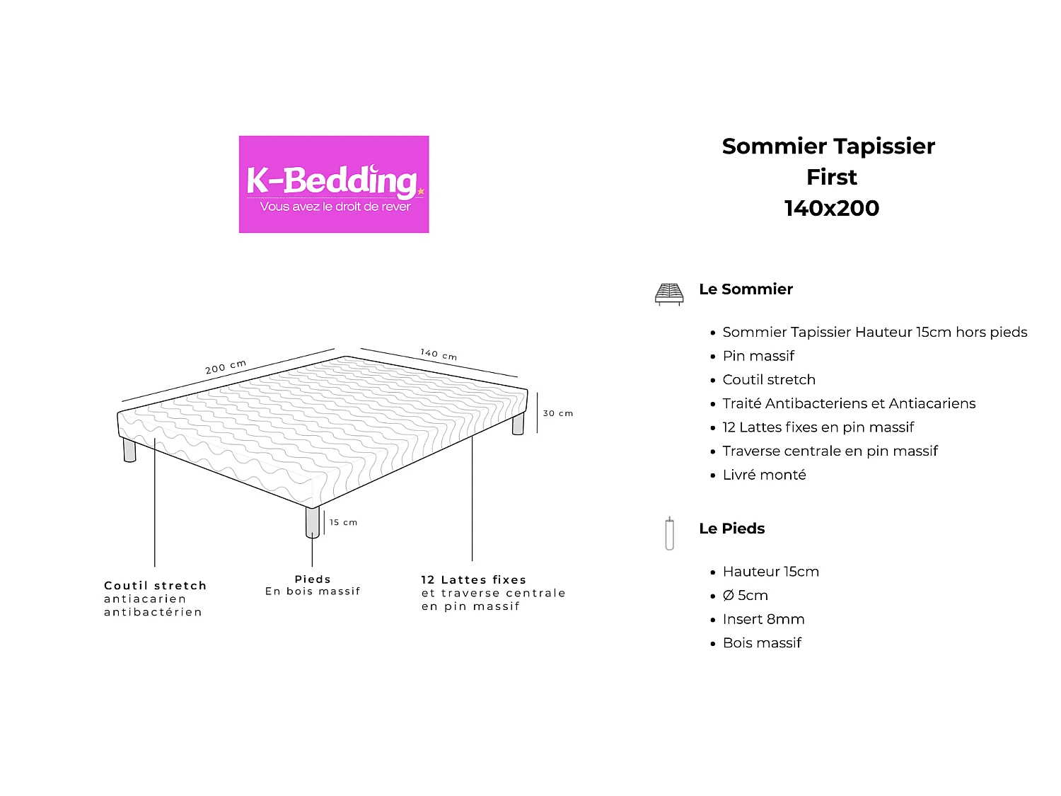 Sommier Tapissier First Gris 140x200 cm Hauteur 30 cm 12 Lattes Fixes Pin Massif 4 Pieds Offerts Fabrication Française