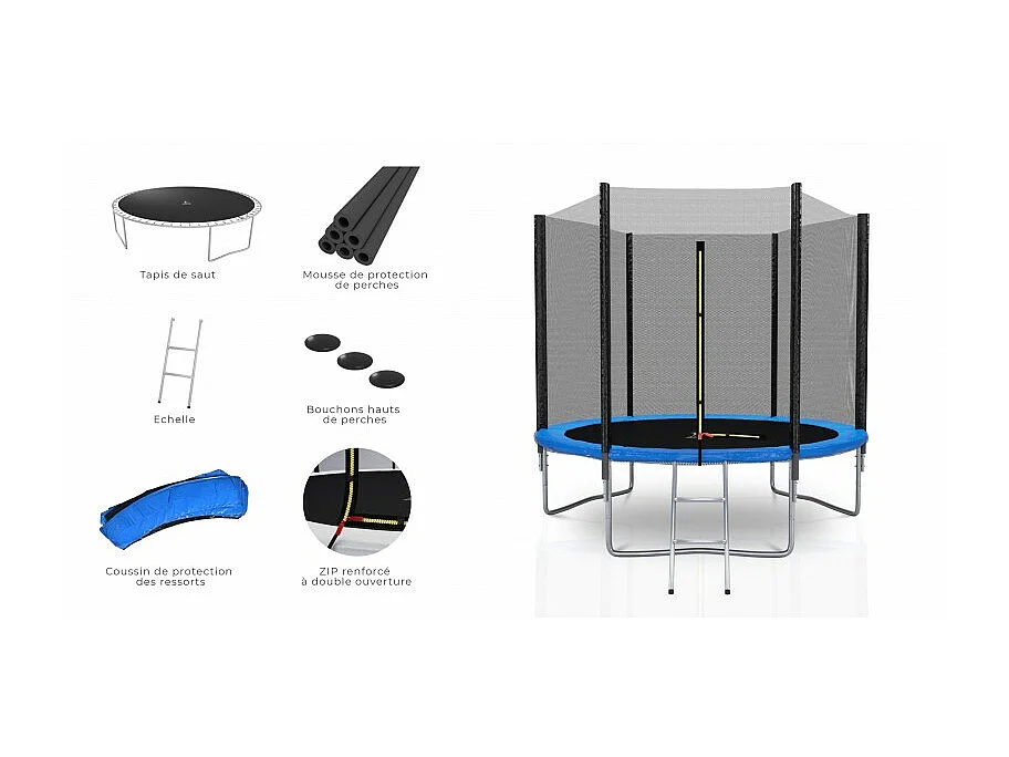 Trampoline extérieur Deluxe 8Ft / ø244cm KAIA SPORTS Trampoline de jardin avec Filet, mousse de protection et échelle