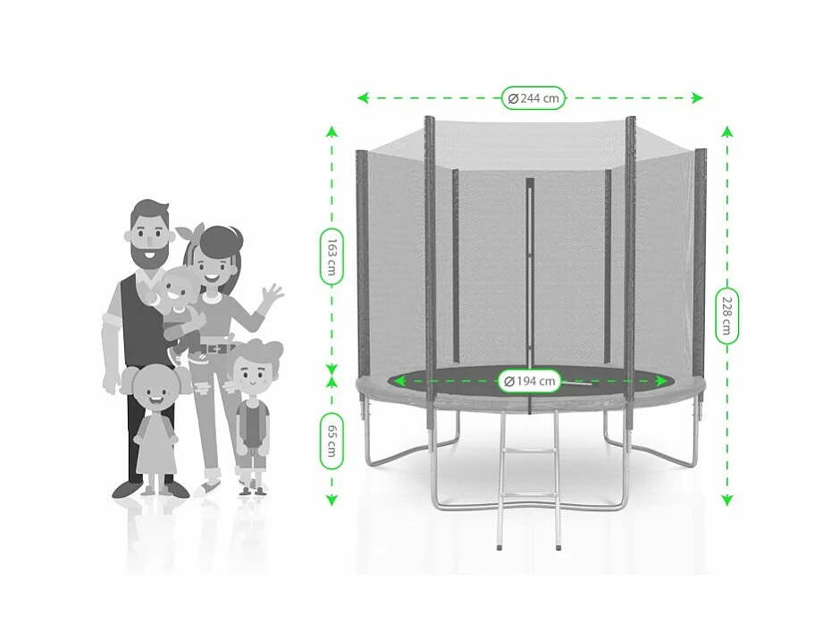 Trampoline extérieur Deluxe 8Ft / ø244cm KAIA SPORTS Trampoline de jardin avec Filet, mousse de protection et échelle