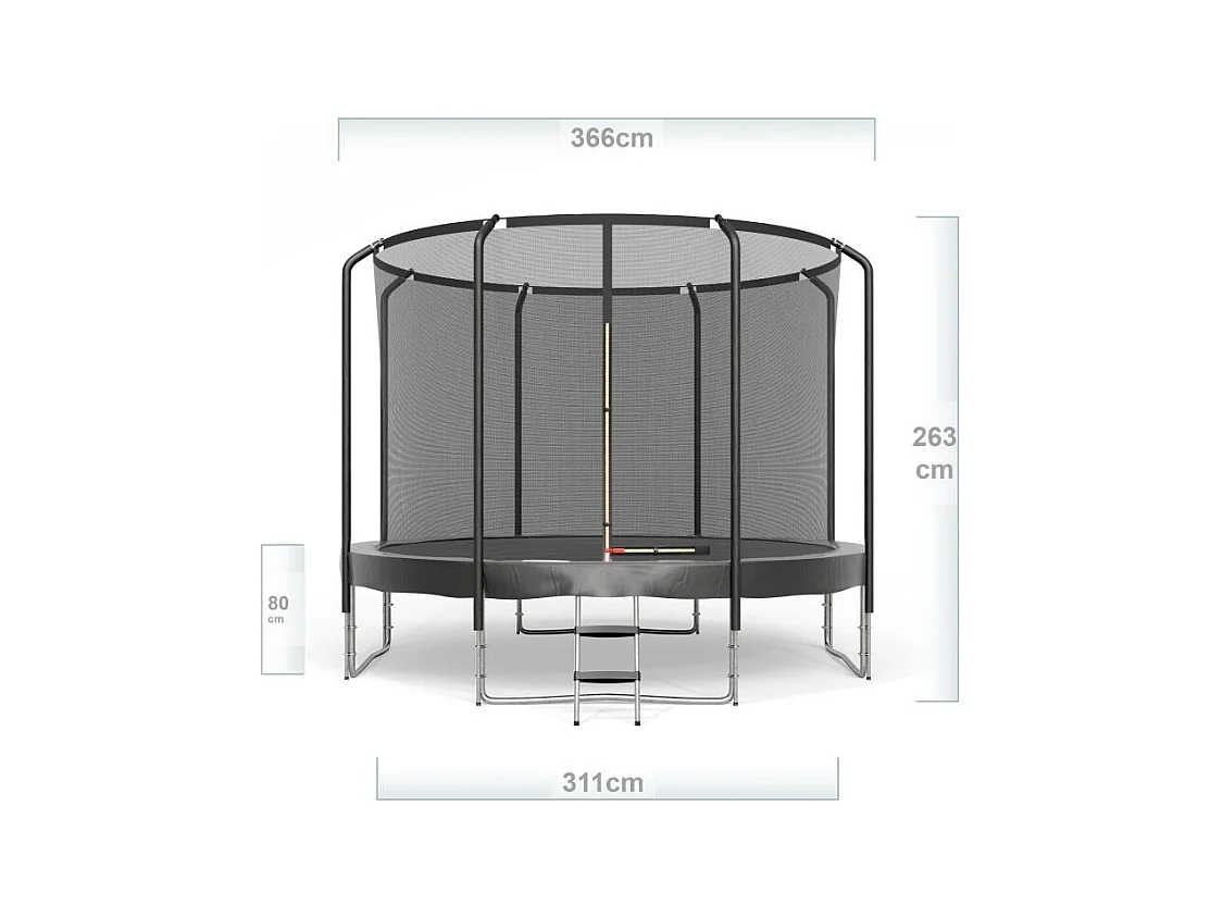 Trampoline Semi-Pro 12FT / 366cm Noir avec Filet de sécurité, Tapis de saut, Coussin de protection, Echelle