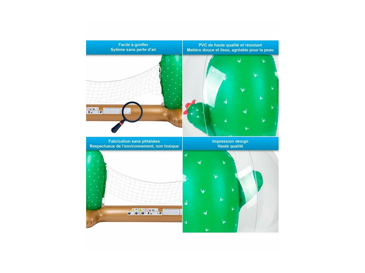 Filet de volley Gonflable et Flottant + Ballon Gonflable pour Piscine & Plage - Pack Sport Cactus