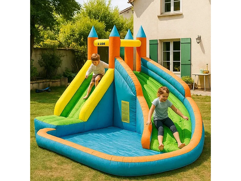 Château Aquatique Gonflable pour enfants 4m - Aire de jeux avec Escalade, Tobbogan et Piscine - Aqua Park