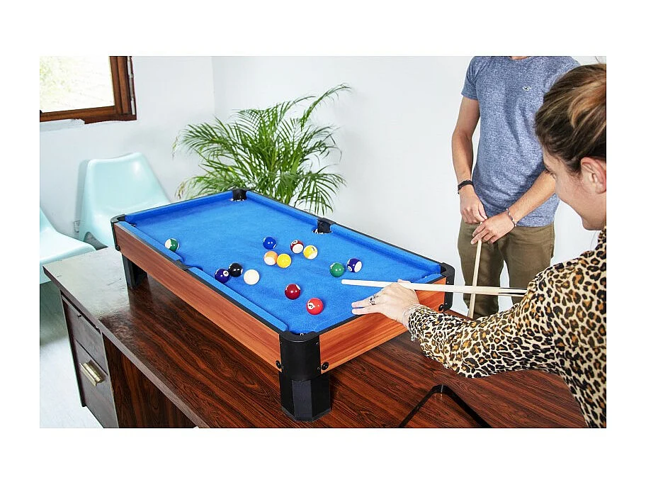 Billard de table avec accessoires - Kit Billard Compact de bureau ou salle de jeu, 102 x 51 x 22,5 cm - Marron et Tapis Bleu