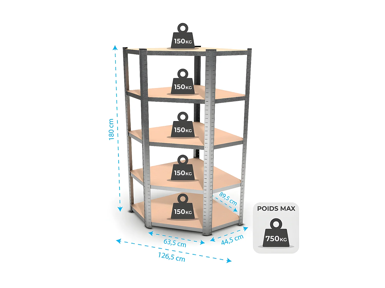 Étagère d'angle polyvalente en métal - Charge lourde Max 750kg - 180 x 90 x 45 cm - Gris