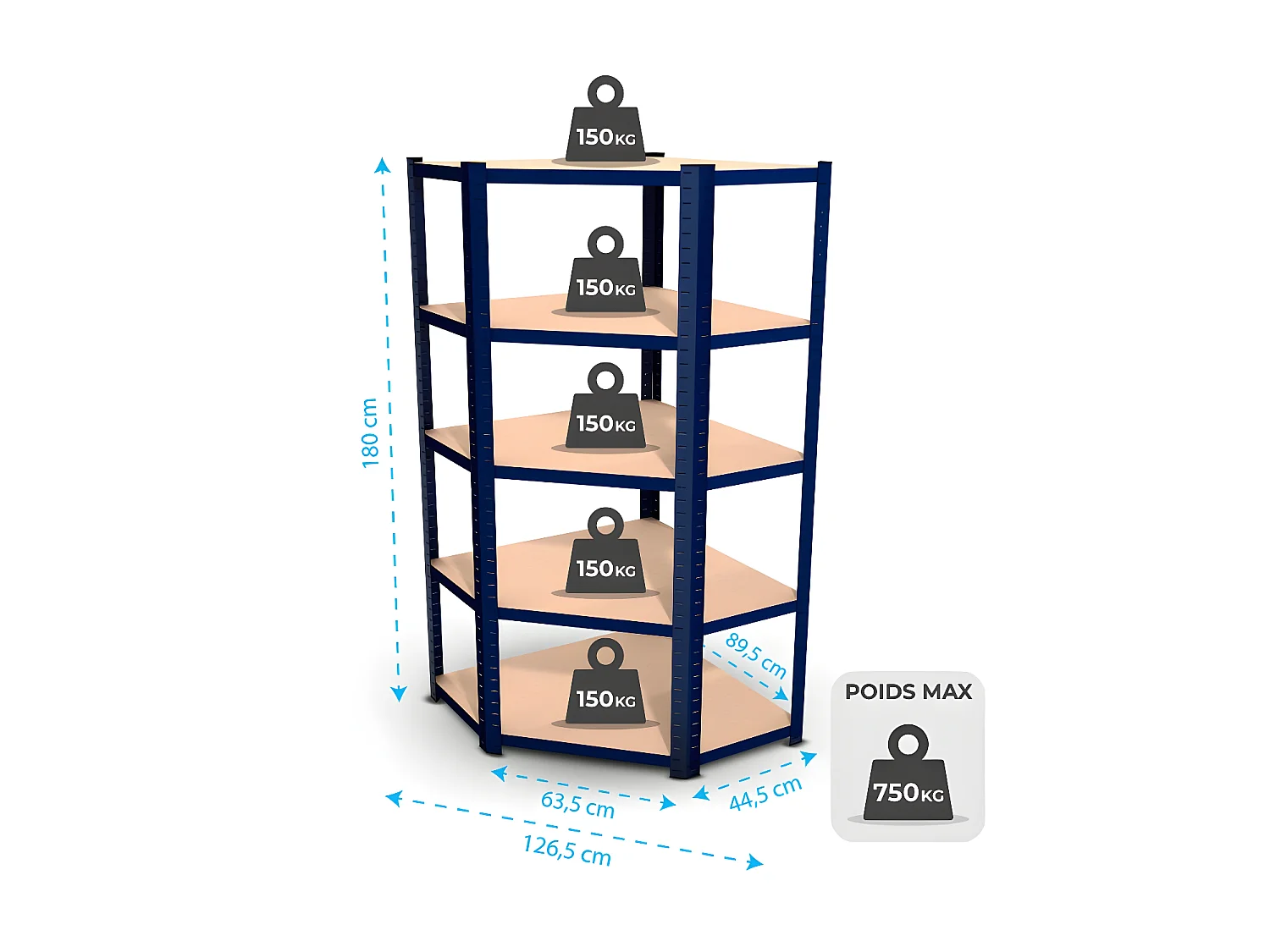 Étagère d'angle polyvalente en métal - Charge lourde Max 750kg - 180 x 90 x 45 cm - Bleu
