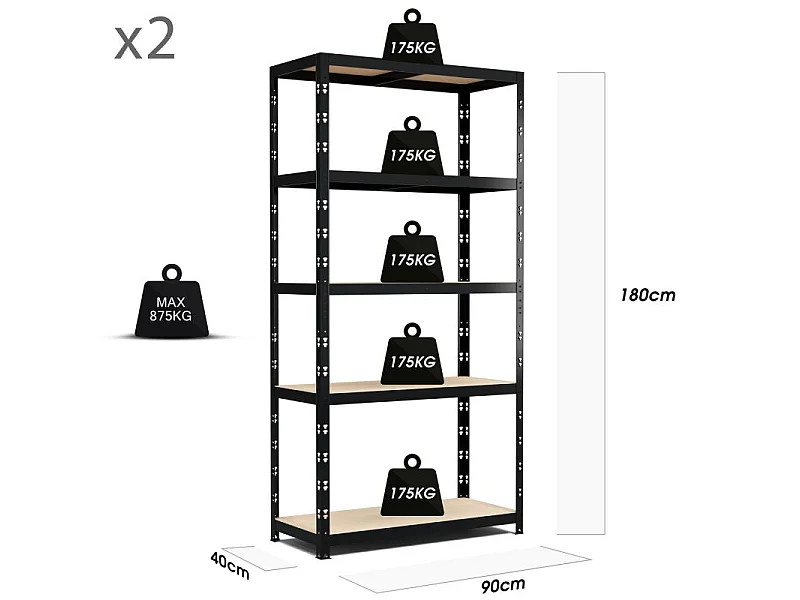 Lot de 2 Etagères de Rangement modulables et polyvalentes pour atelier, garage, cave...Charges Lourdes 180x90x40cm x2 - Noir