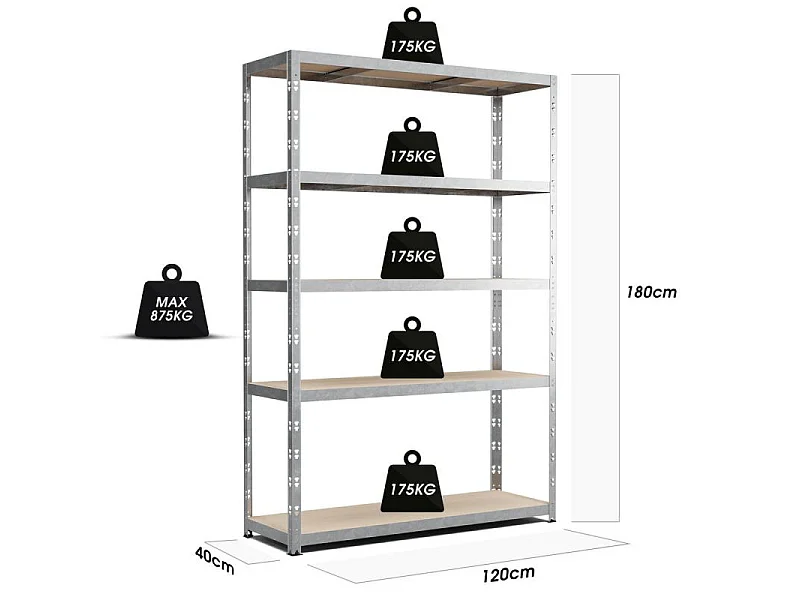 Etagère de rangement modulable et polyvalente pour atelier, garage, cave... Charge Lourde max 875kg -180x120x40cm - Gris