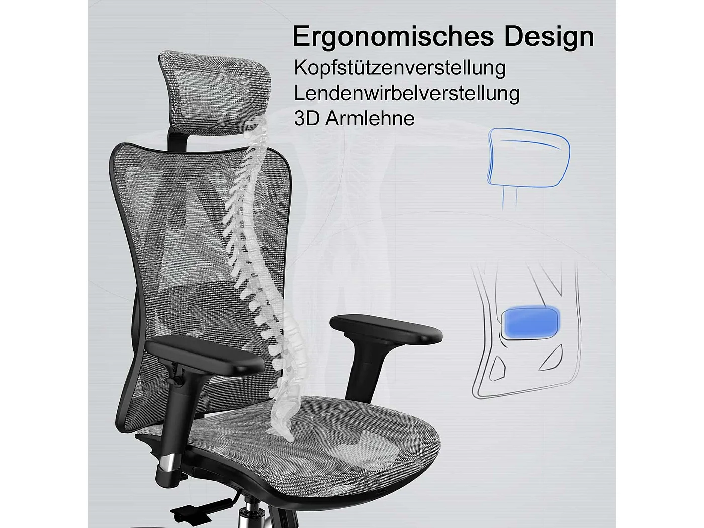 Silla de oficina SIHOO-J87,  funda gris, armazón negro