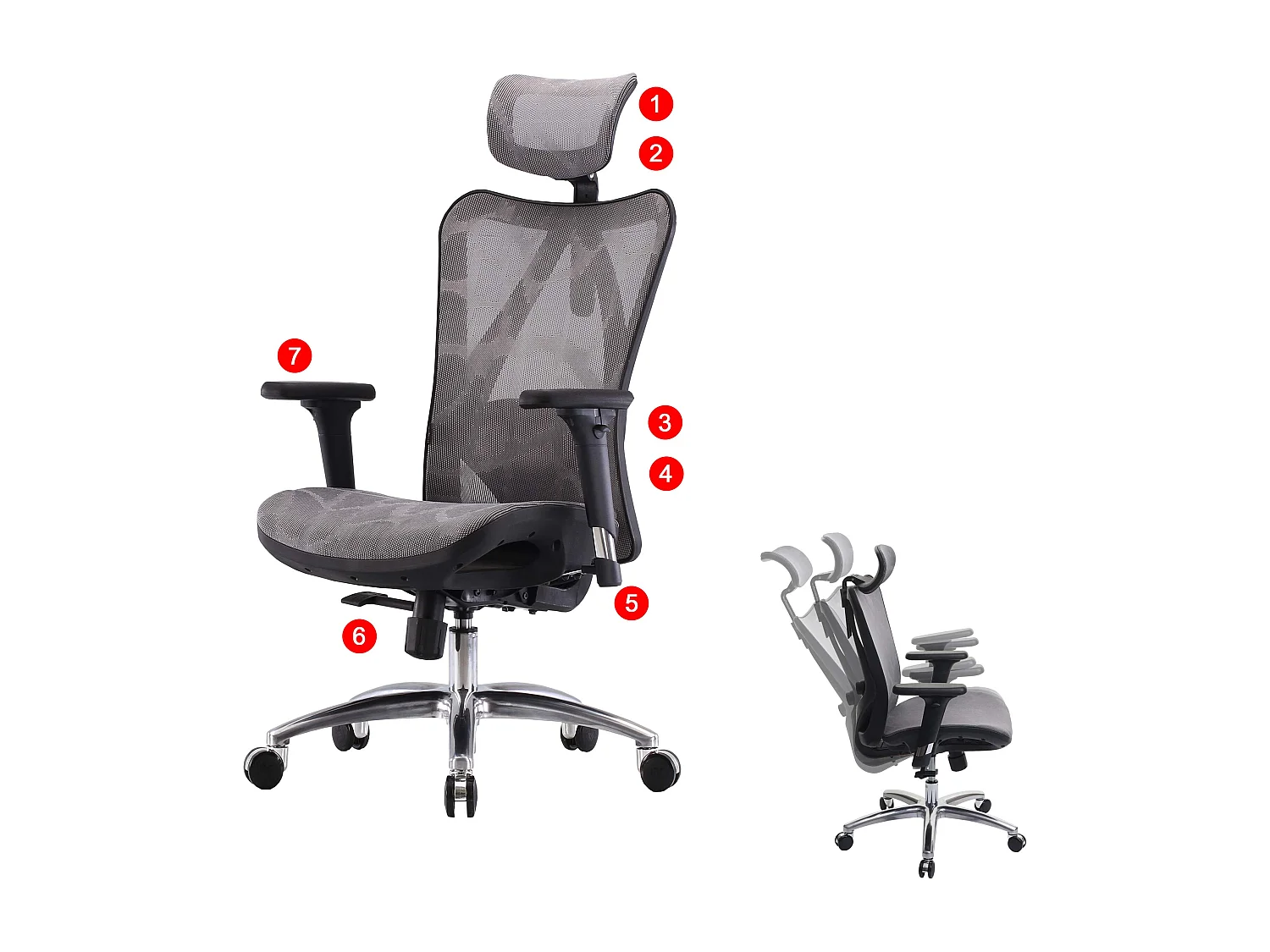 Chaise de bureau SIHOO-J87,  revêtement gris, piétement noir