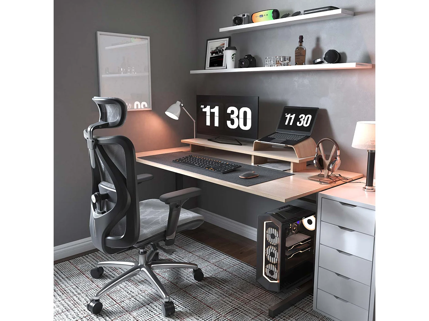 Chaise de bureau SIHOO-J87,  revêtement gris, piétement noir