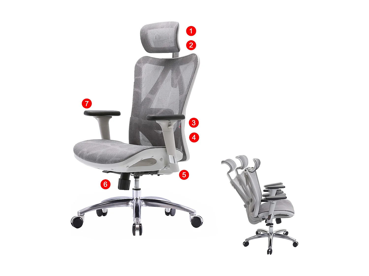 Cadeira de escritório SIHOO-J87,  capa cinzenta, estrutura branca