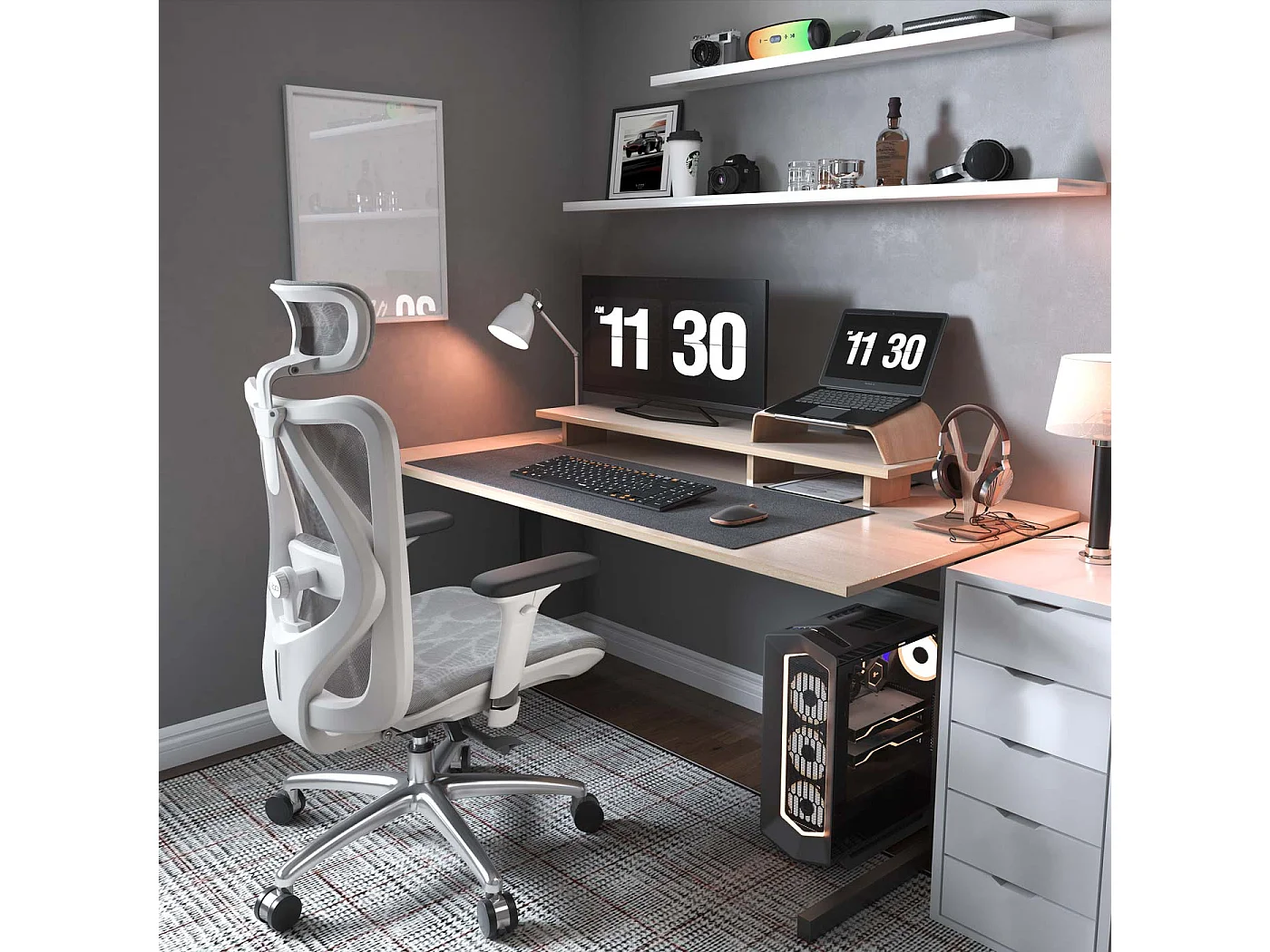 Cadeira de escritório SIHOO-J87,  capa cinzenta, estrutura branca