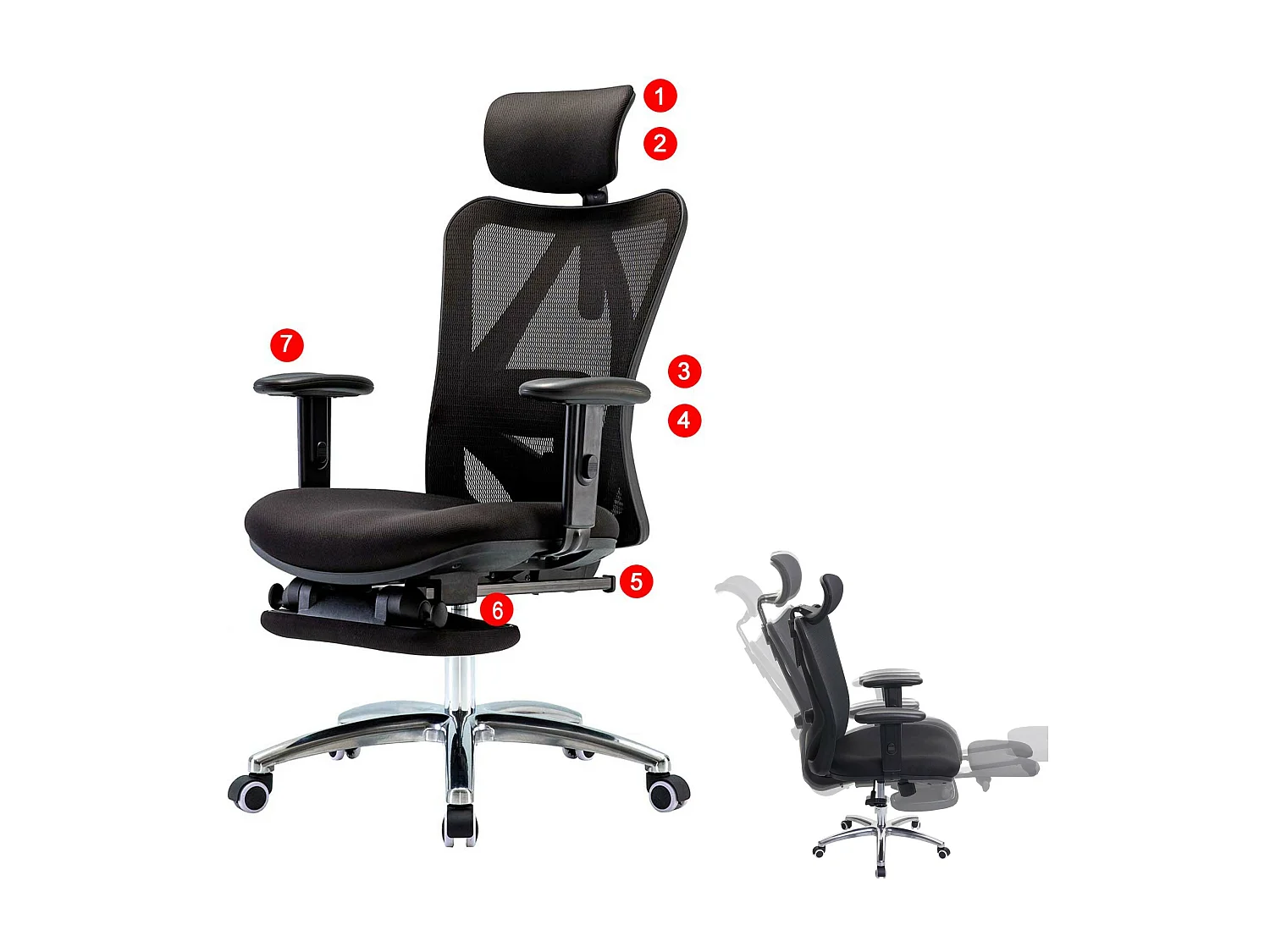 Chaise de bureau SIHOO-J86,  avec repose-pieds, noir