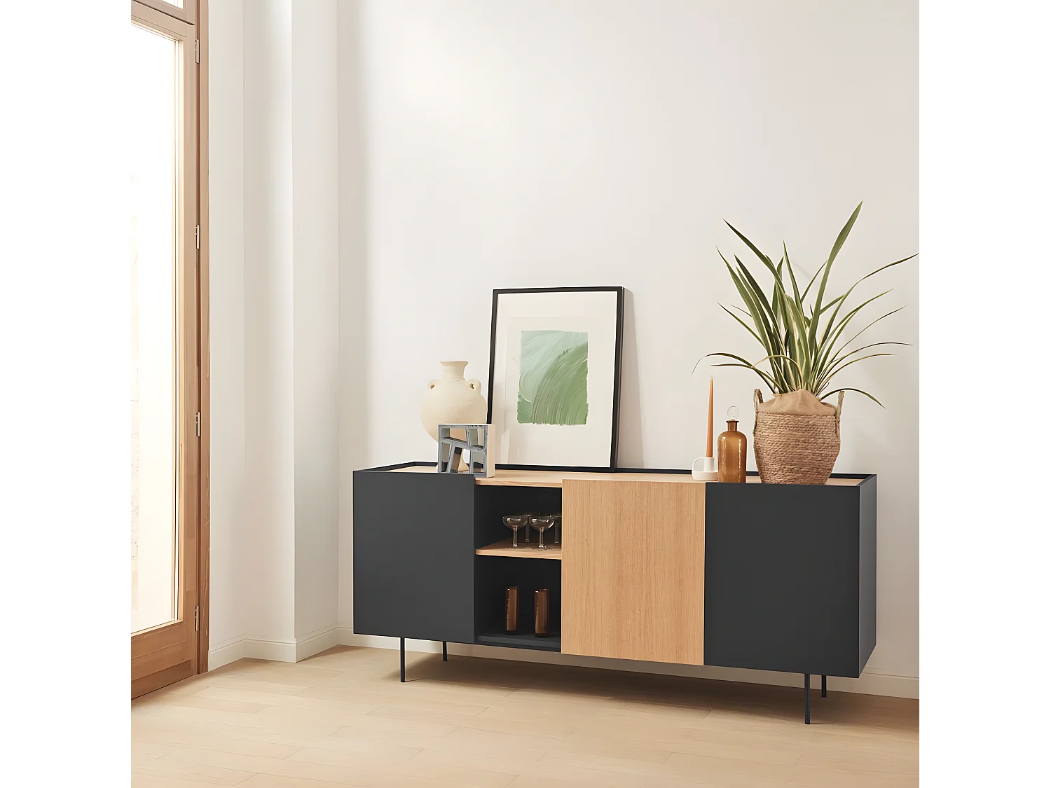 Otto - Buffet 3 portes, 3 tiroirs en bois L180cm - Gris anthracite