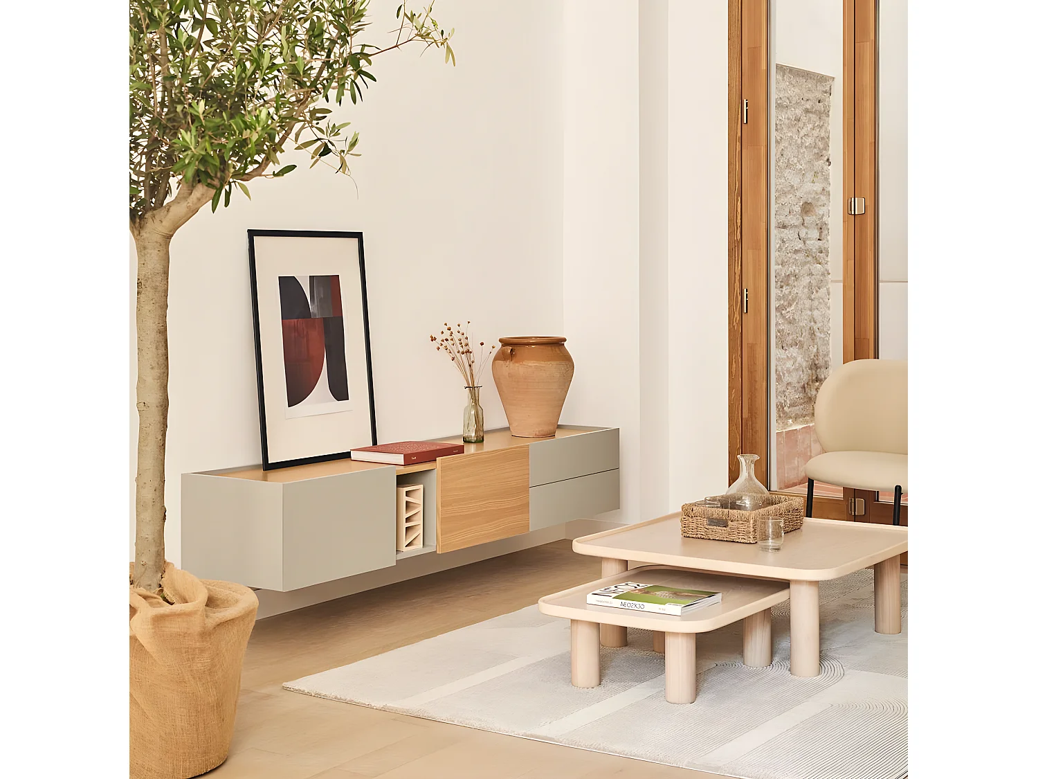 Otto - Meuble TV 2 portes, 2 tiroirs en bois L180cm - Beige