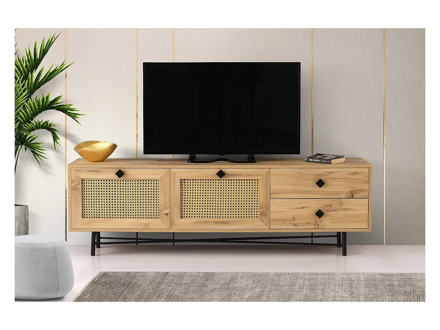 Meuble TV 2 portes en cannage et 2 tiroirs Smussi 180cm Bois Naturel et Métal Noir