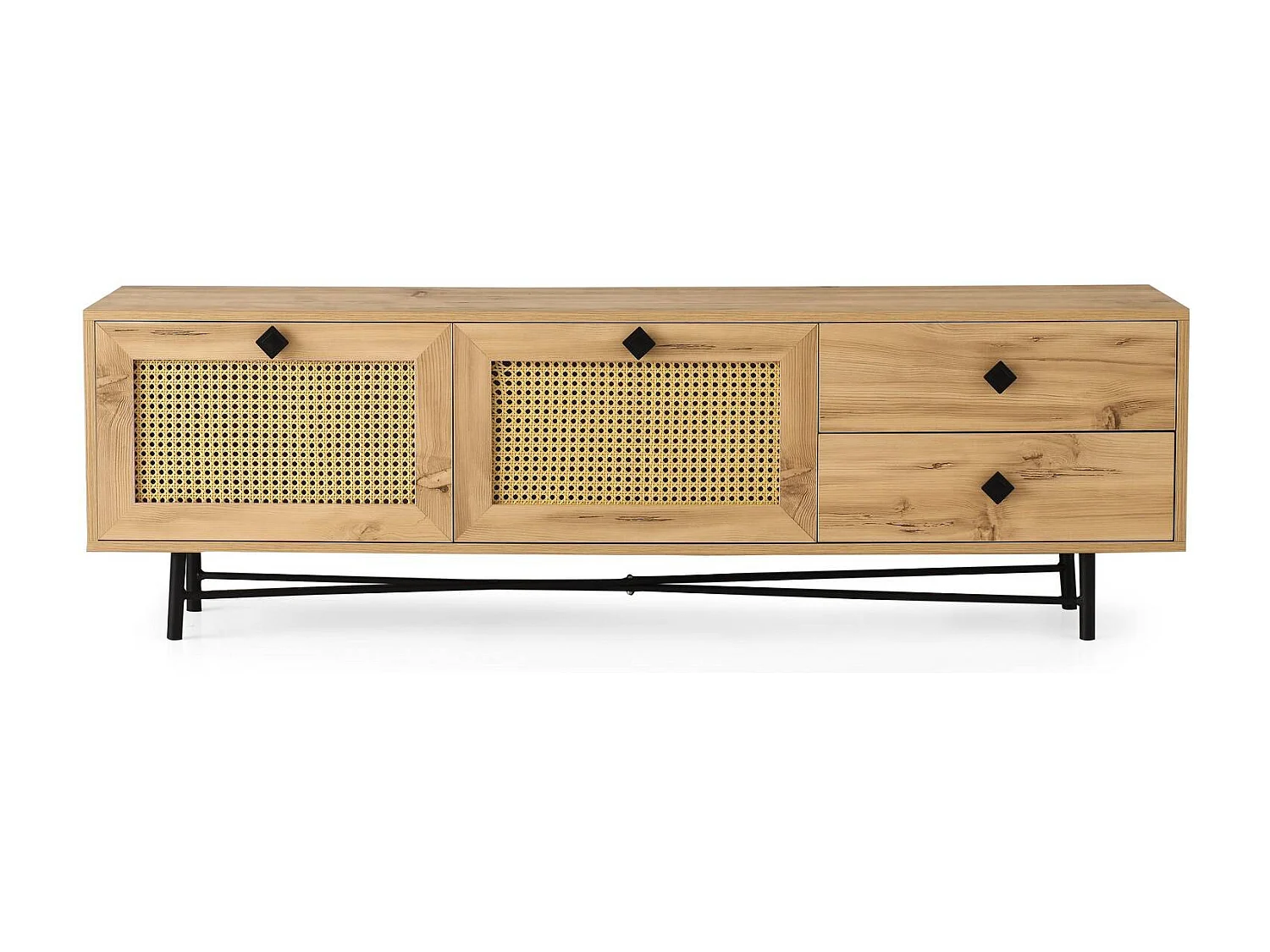 Meuble TV 2 portes en cannage et 2 tiroirs Smussi 180cm Bois Naturel et Métal Noir