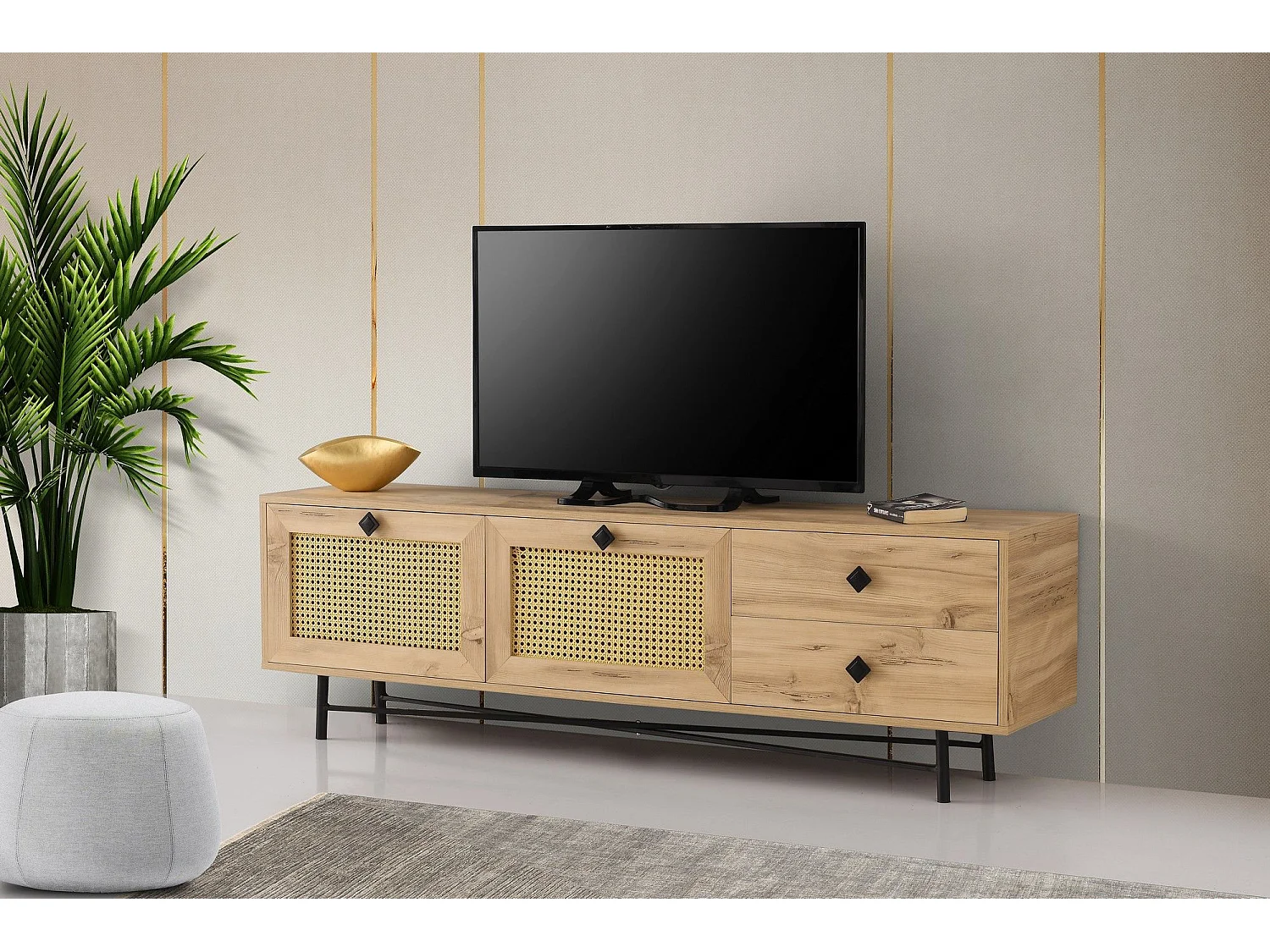 Meuble TV 2 portes en cannage et 2 tiroirs Smussi 180cm Bois Naturel et Métal Noir