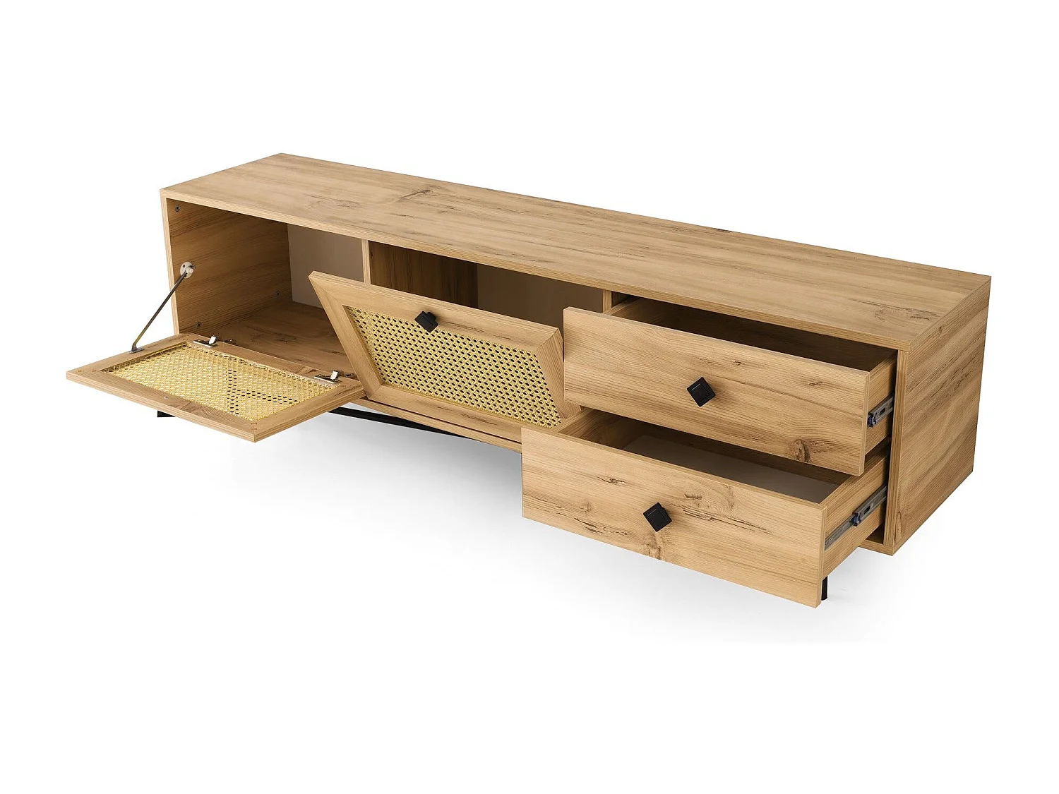 Meuble TV 2 portes en cannage et 2 tiroirs Smussi 180cm Bois Naturel et Métal Noir