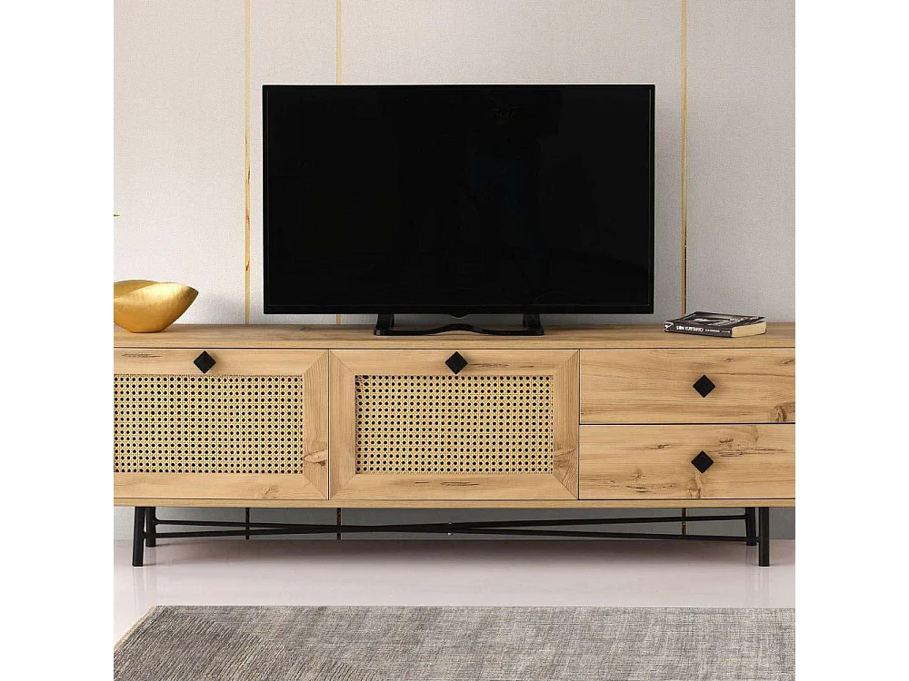 Meuble TV 2 portes en cannage et 2 tiroirs Smussi 180cm Bois Naturel et Métal Noir