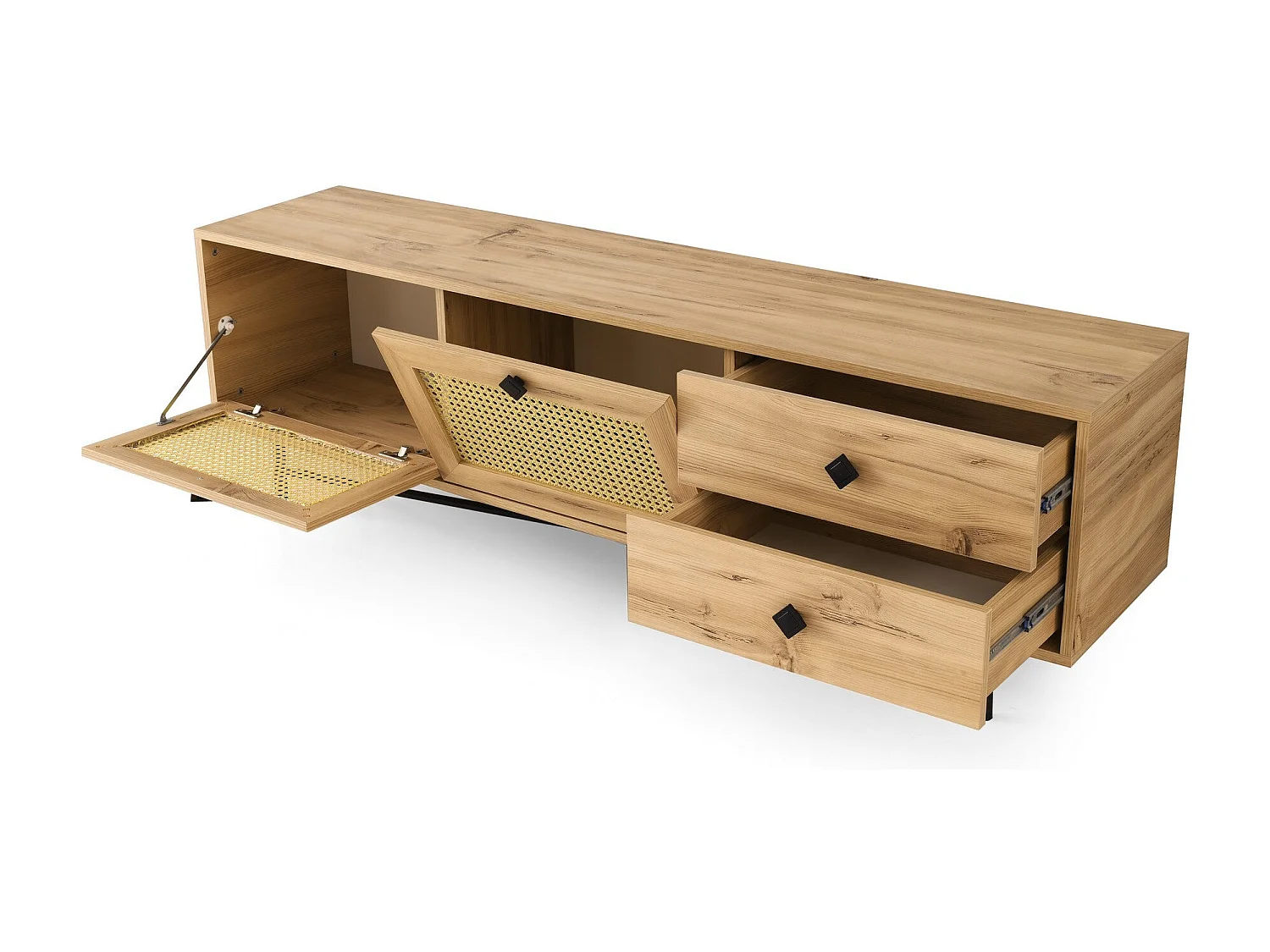 Meuble TV 2 portes en cannage et 2 tiroirs Smussi 180cm Bois Naturel et Métal Noir