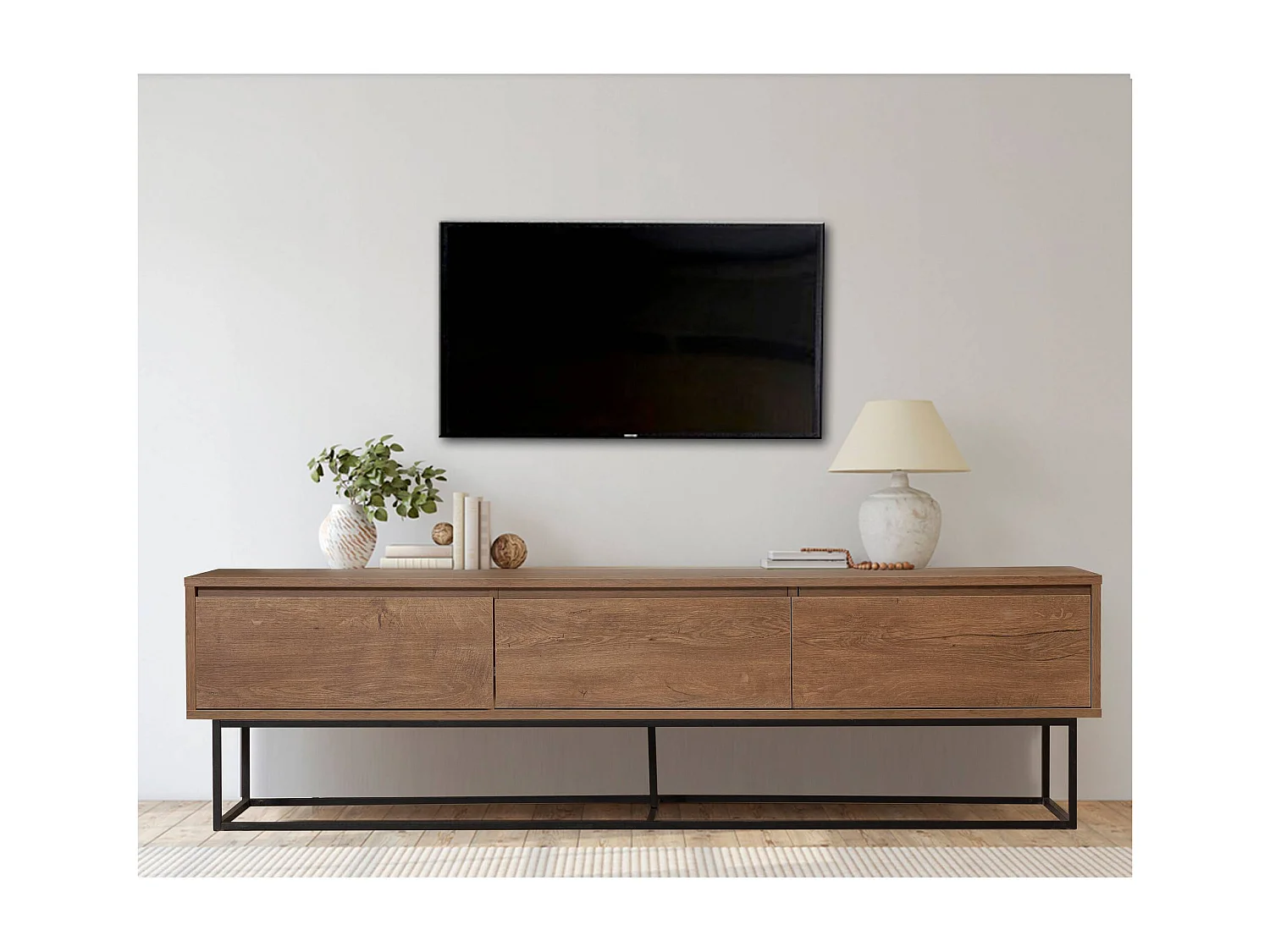 Meuble TV 3 tiroirs décor noyer L180 cm - Milo