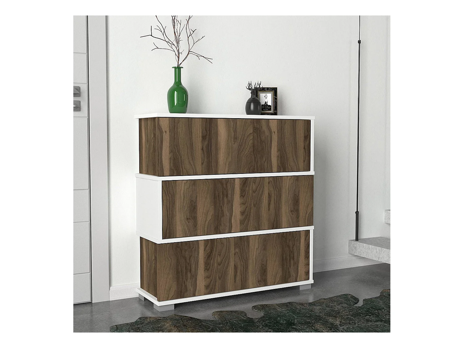 Meuble à chaussures 3 portes Amabata H93cm Bois foncé et Blanc