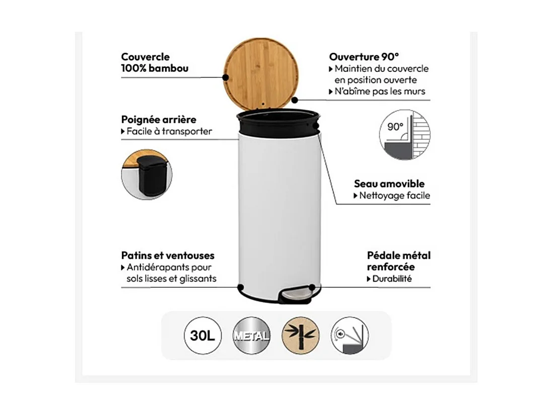 Poubelle 30 Litres en Métal Gris et Couvercle en Bambou