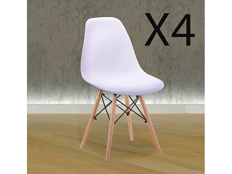 Lot de 4 chaises en résine coloris blanc avec pieds en bois  -  L. 45 x P. 53 x H. 83 cm