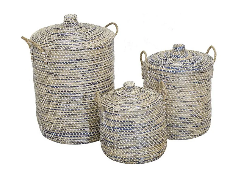 Coffres à linge en jonc naturel et teinté bleu (Série de 3)