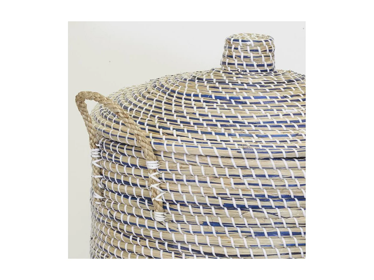 Coffres à linge en jonc naturel et teinté bleu (Série de 3)