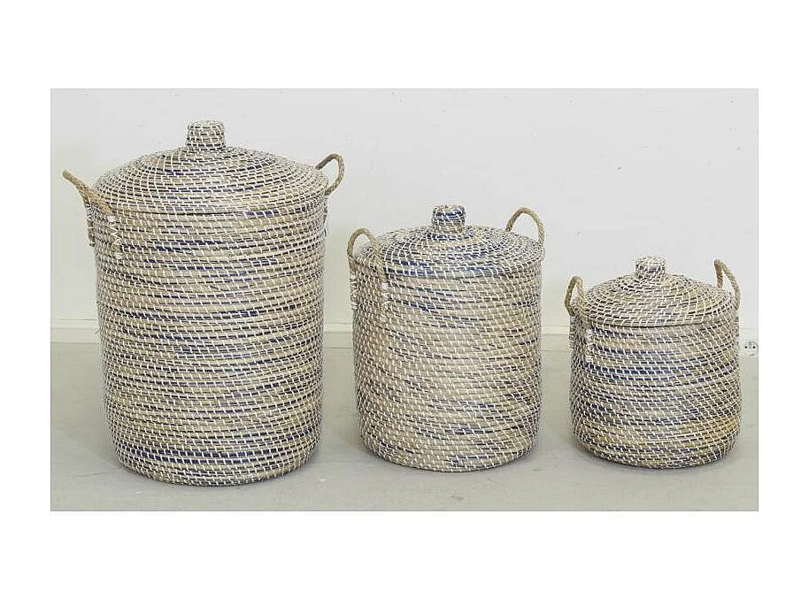 Coffres à linge en jonc naturel et teinté bleu (Série de 3)