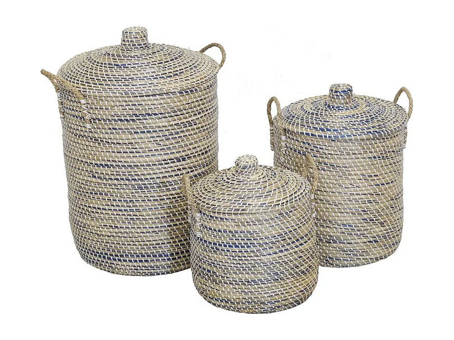 Coffres à linge en jonc naturel et teinté bleu (Série de 3)