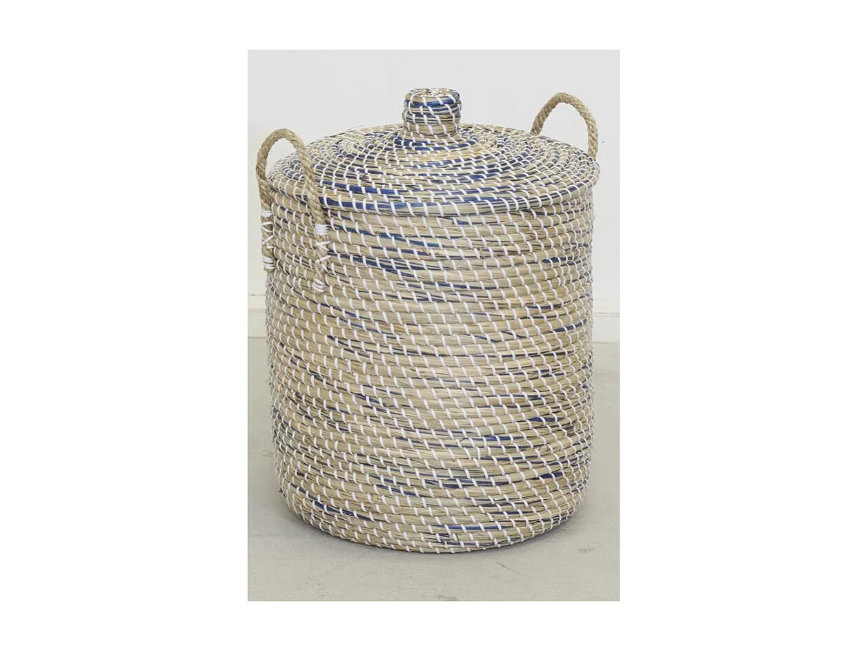 Coffres à linge en jonc naturel et teinté bleu (Série de 3)