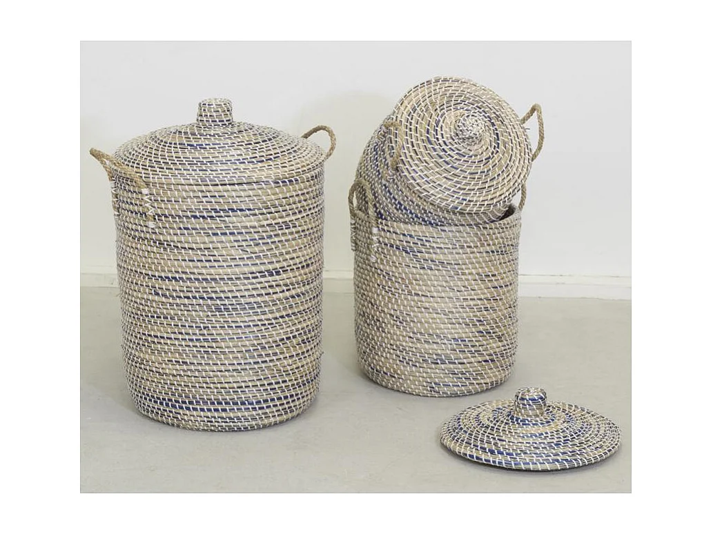 Coffres à linge en jonc naturel et teinté bleu (Série de 3)