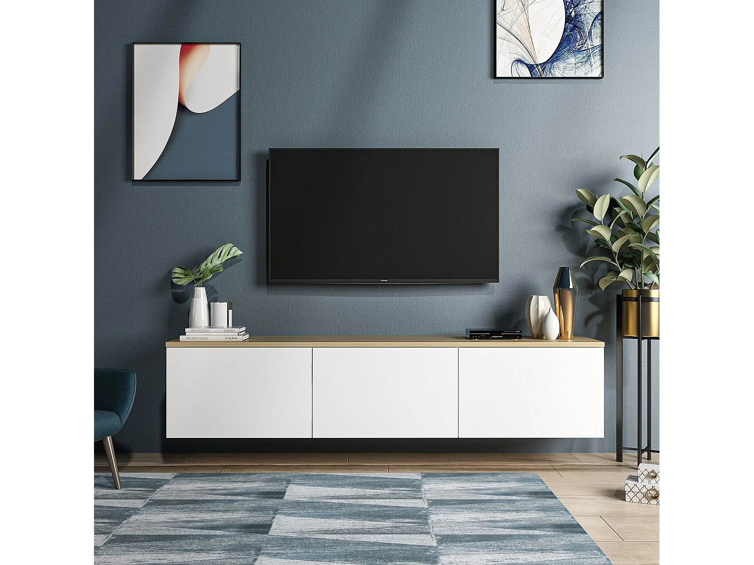 Mueble de TV moderno – 160 cm x 35 cm x 32 cm – Blanco y Roble – Melamina