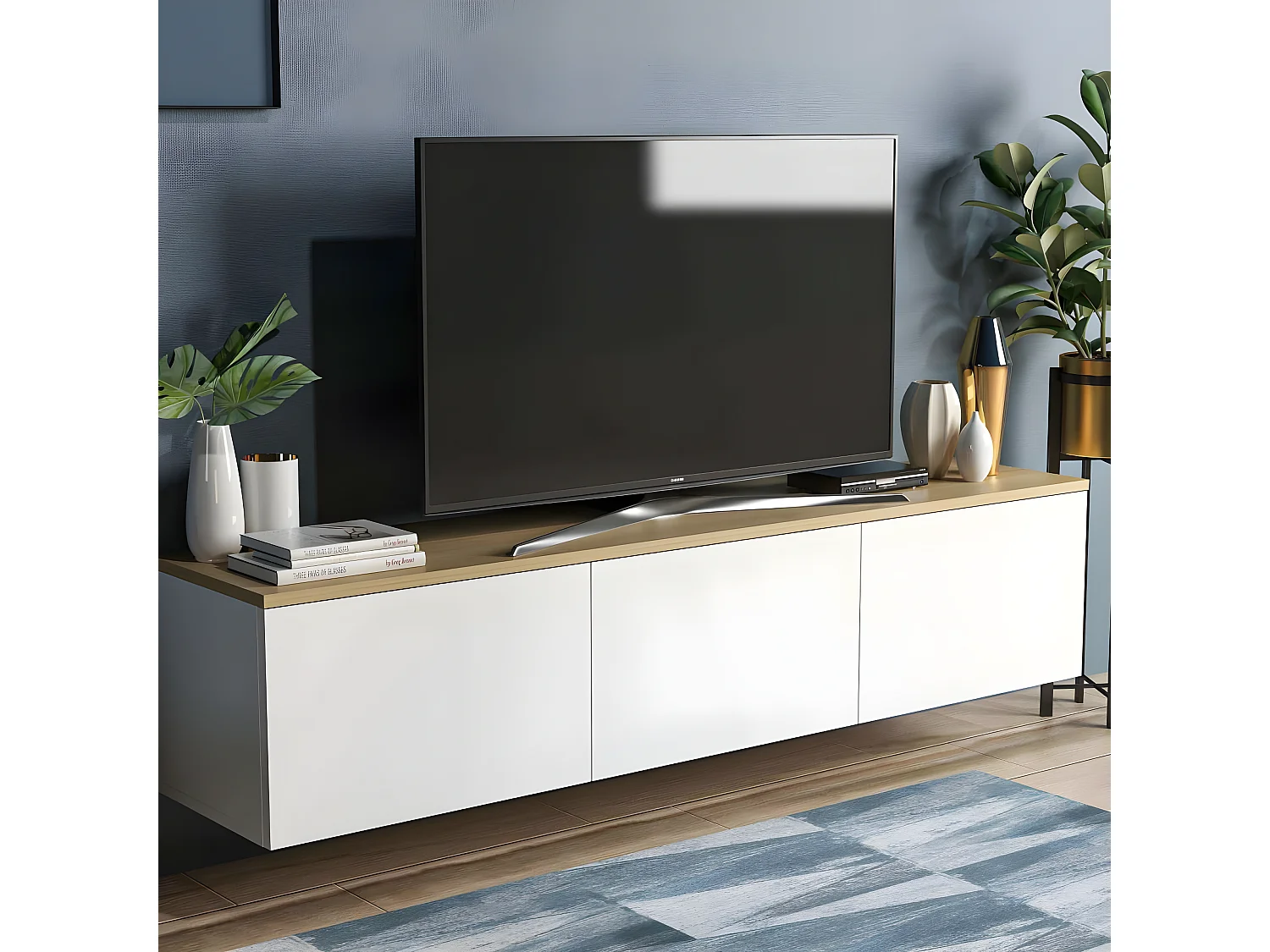 Mueble de TV moderno – 160 cm x 35 cm x 32 cm – Blanco y Roble – Melamina