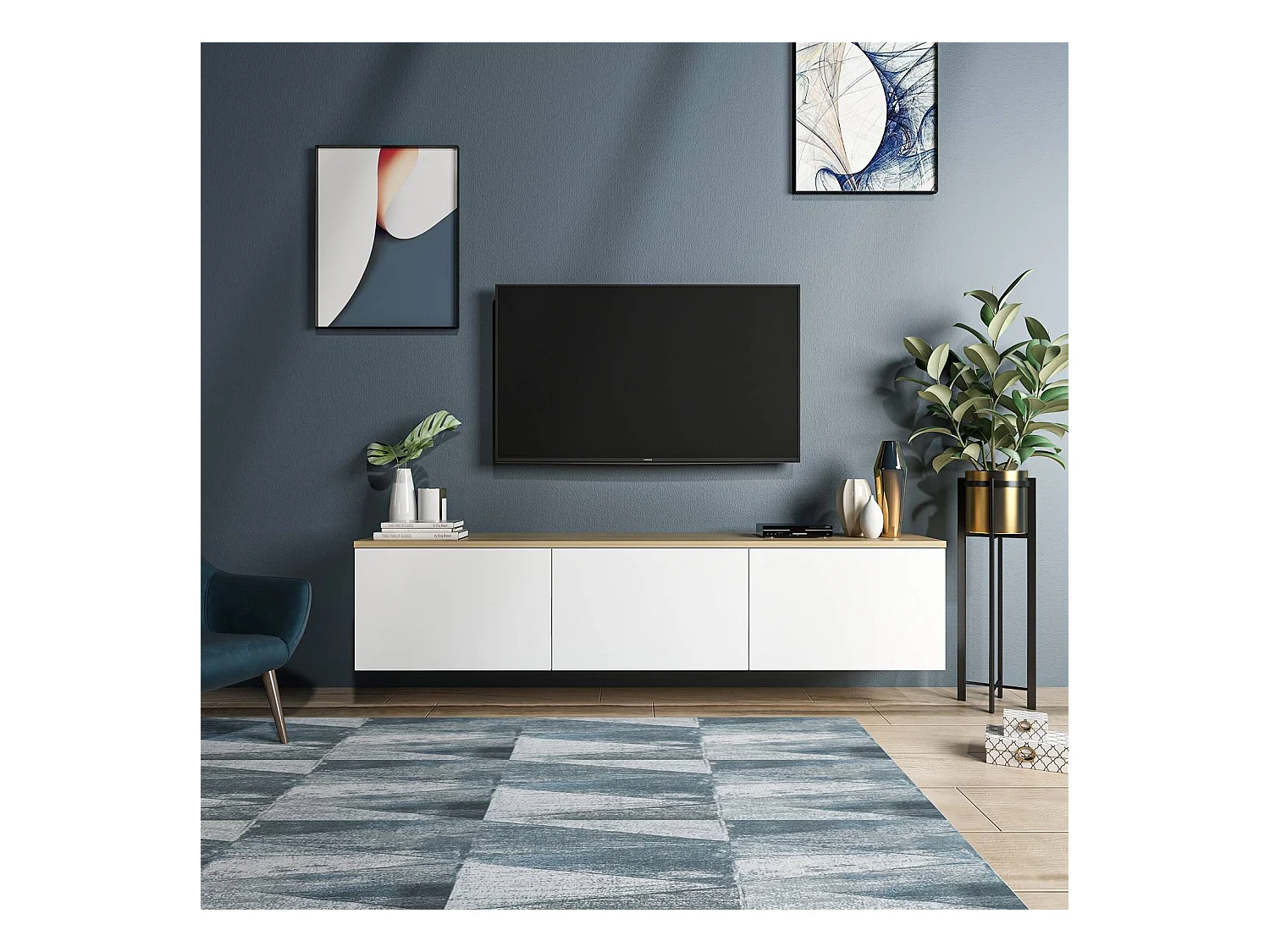 Meuble TV suspendu Ruxta L160cm Chêne clair et Blanc