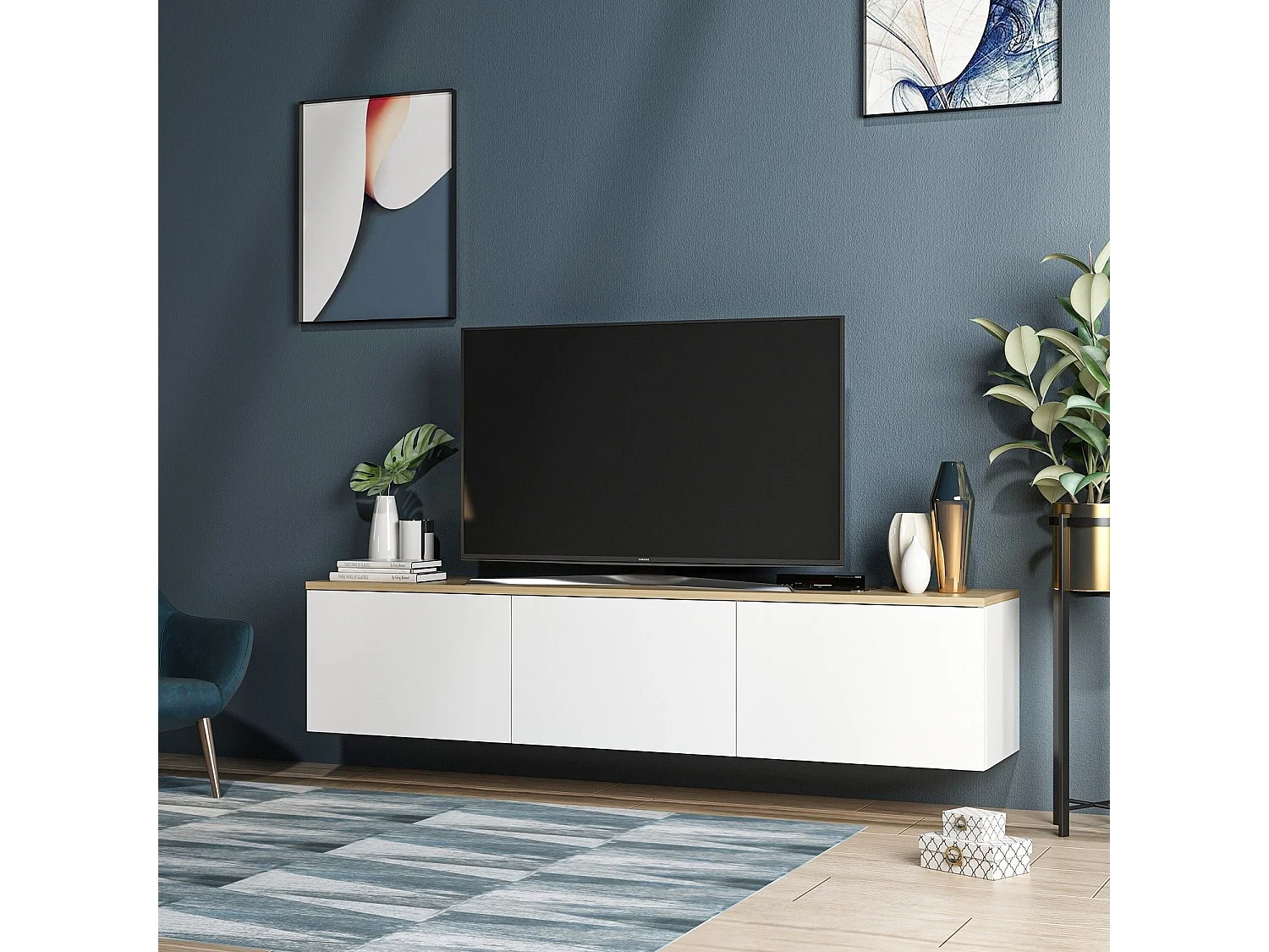 Móvel de TV moderno – 160 cm x 35 cm x 32 cm – Branco e Carvalho – Melamina